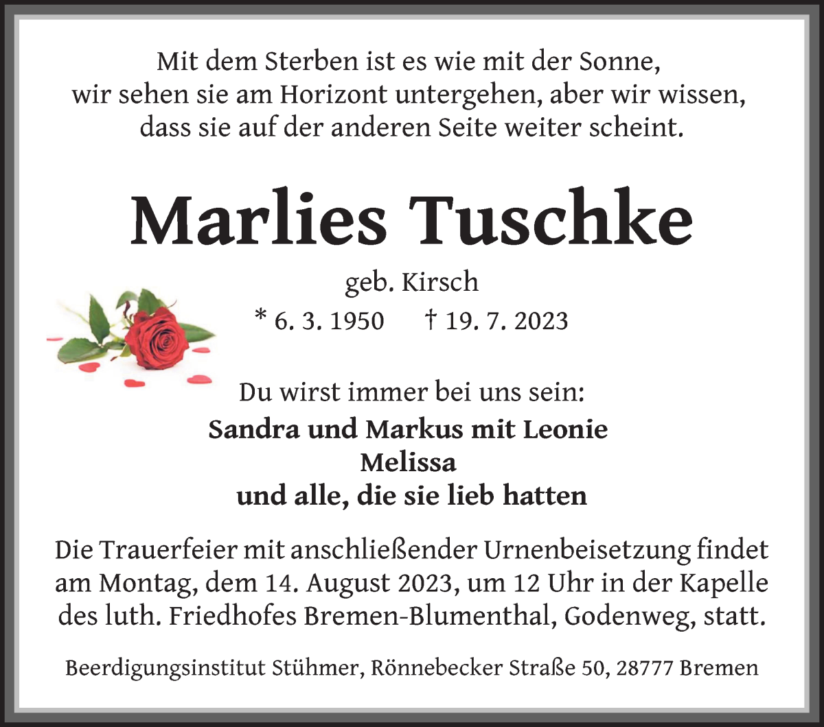 Traueranzeige von Marlies Tuschke von Die Norddeutsche