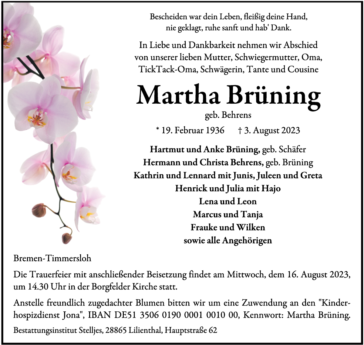 Traueranzeige von Martha Brüning von Wuemme Zeitung