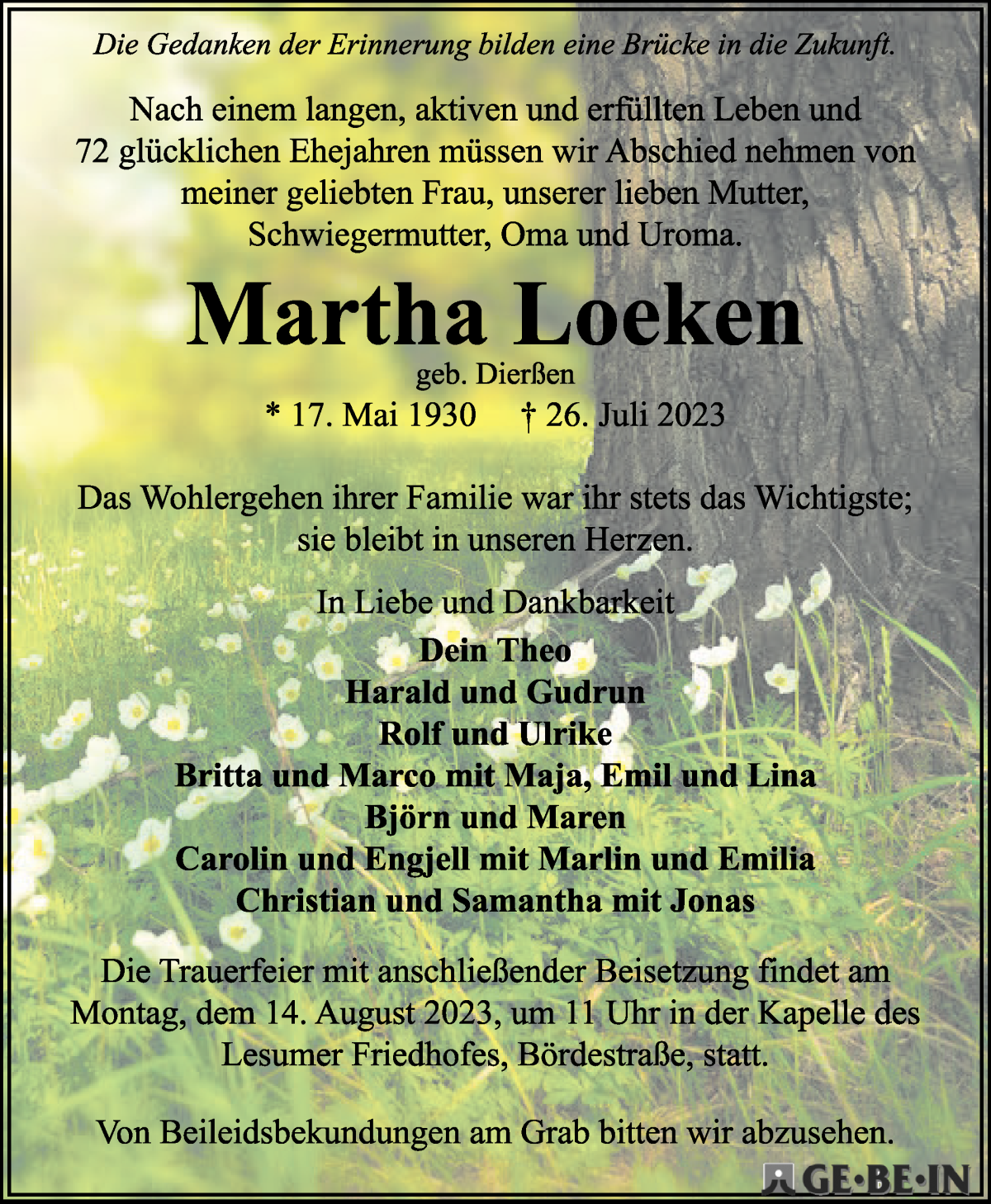 Traueranzeige von Martha Loeken von Die Norddeutsche