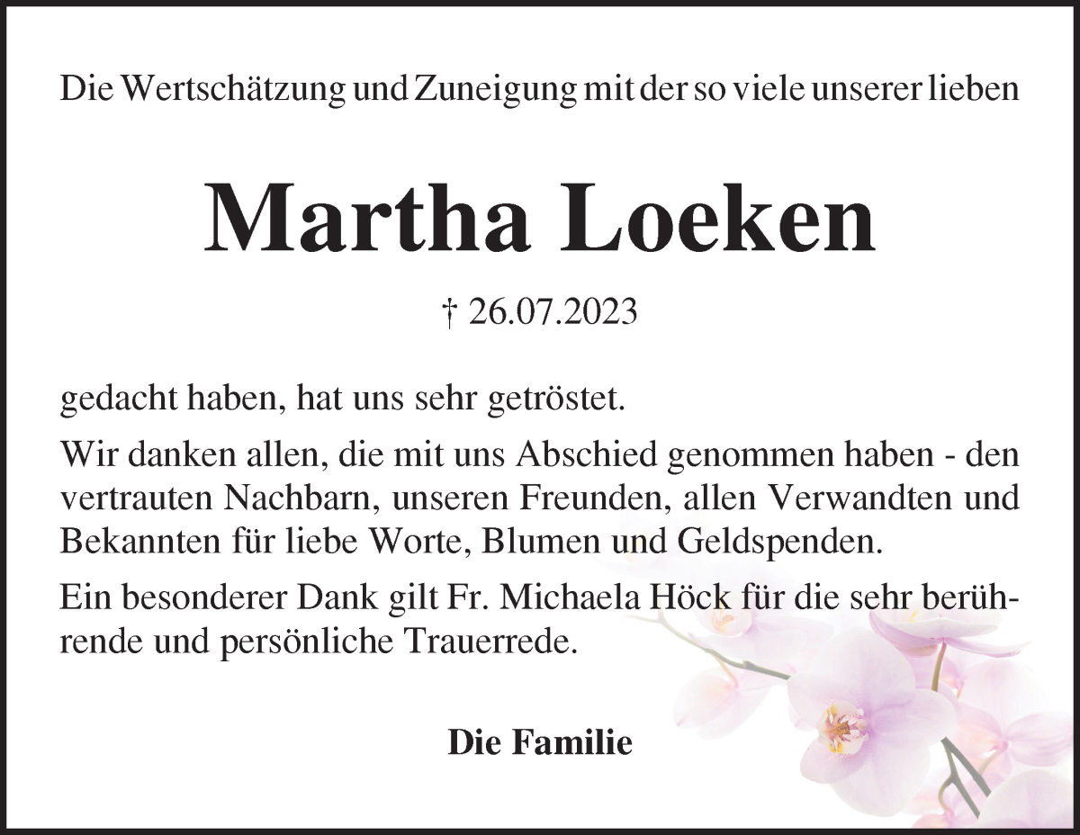 Traueranzeige von Martha Loeken von Die Norddeutsche