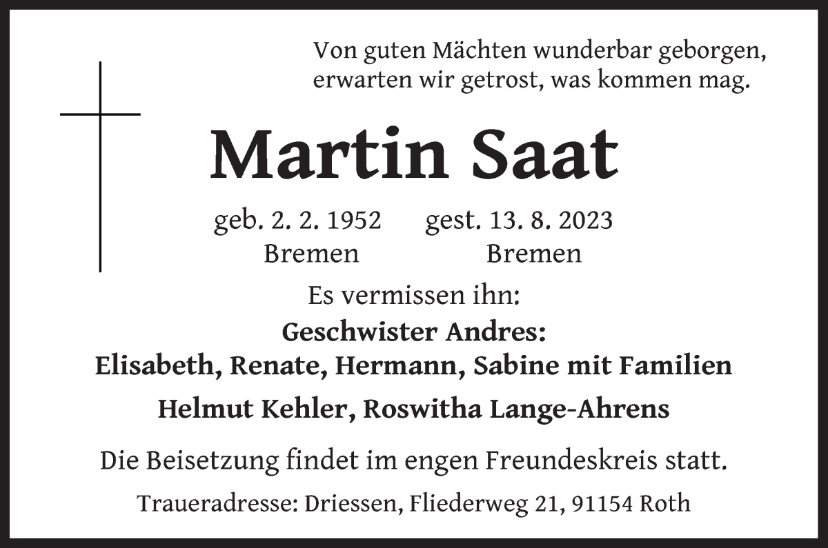 Traueranzeige von Martin Saat von WESER-KURIER
