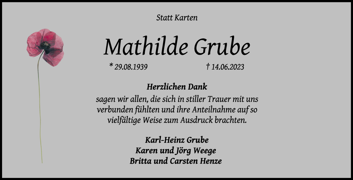 Traueranzeige von Mathilde Grube von WESER-KURIER