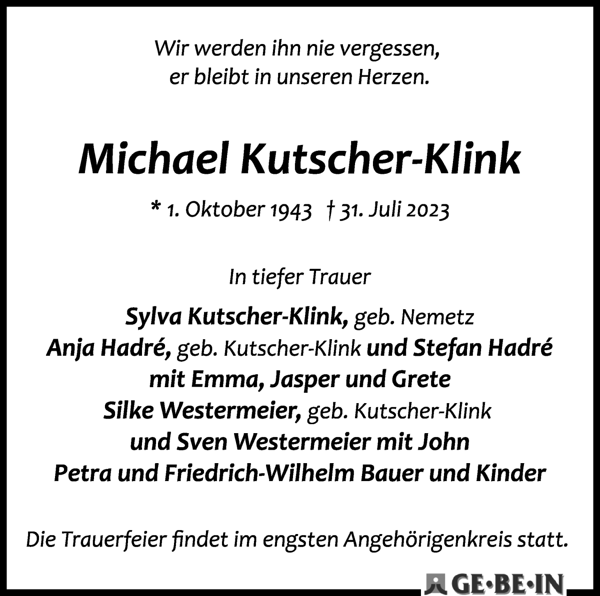 Traueranzeige von Michael Kutscher-Klink von WESER-KURIER