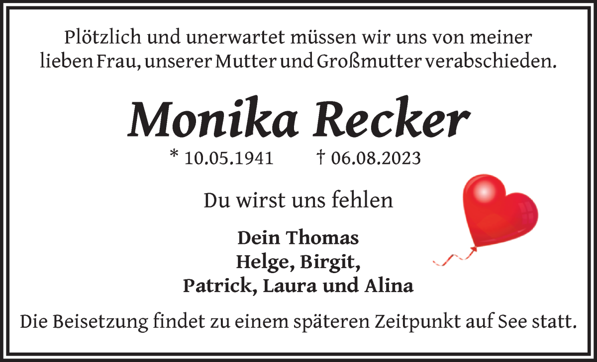 Traueranzeige von Monika Recker von WESER-KURIER