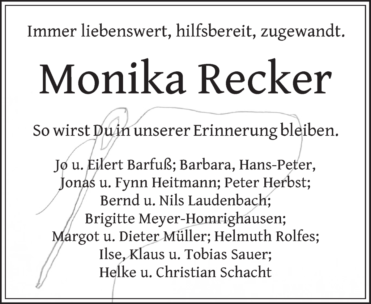 Traueranzeige von Monika Recker von WESER-KURIER