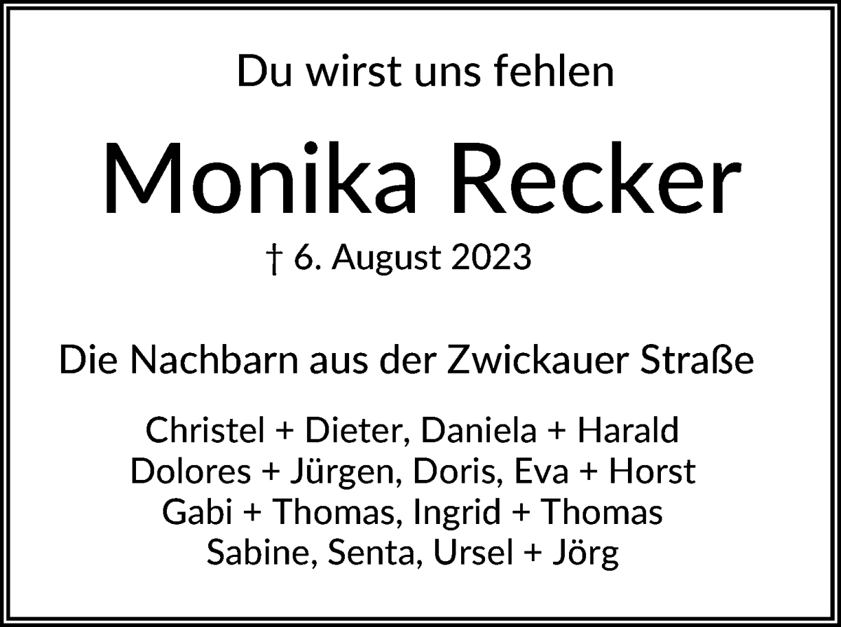 Traueranzeige von Monika Recker von WESER-KURIER