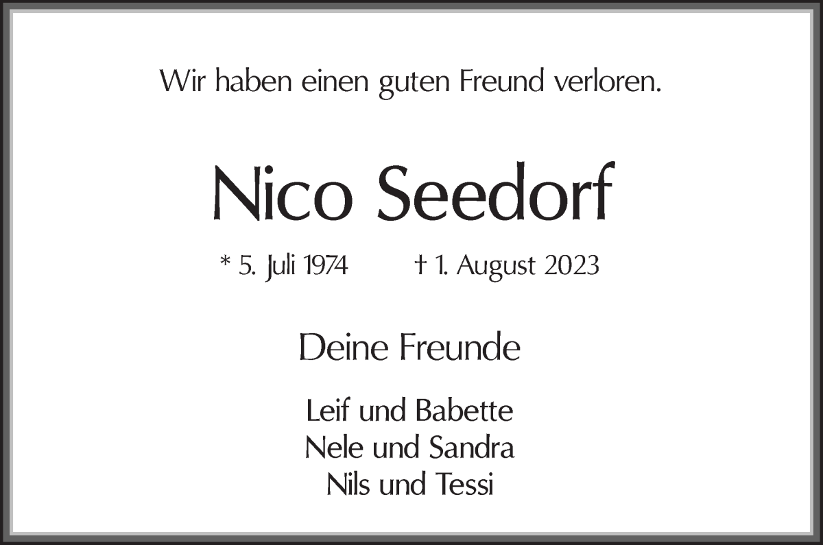 Traueranzeige von Nico Seedorf von Osterholzer Kreisblatt