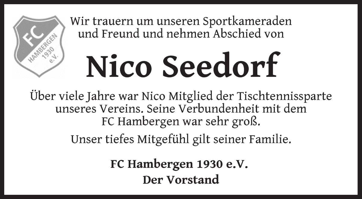 Traueranzeige von Nico Seedorf von Osterholzer Kreisblatt