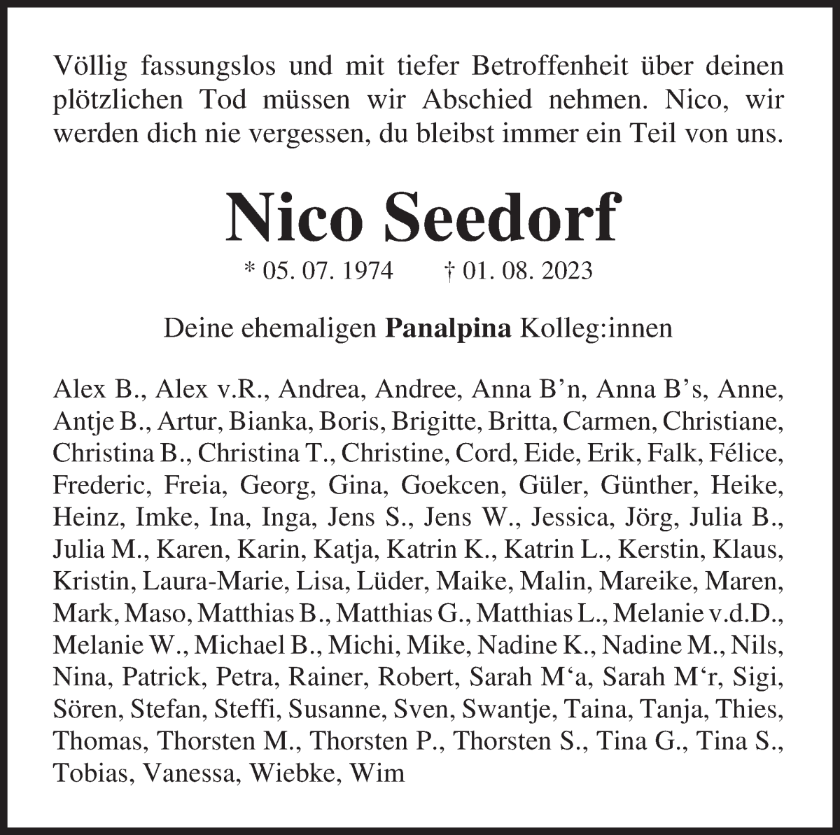 Traueranzeige von Nico Seedorf von WESER-KURIER