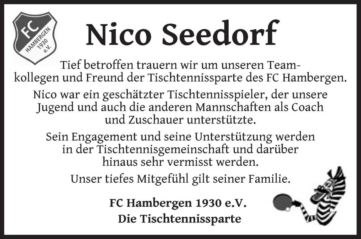 Traueranzeige von Nico Seedorf von Osterholzer Kreisblatt