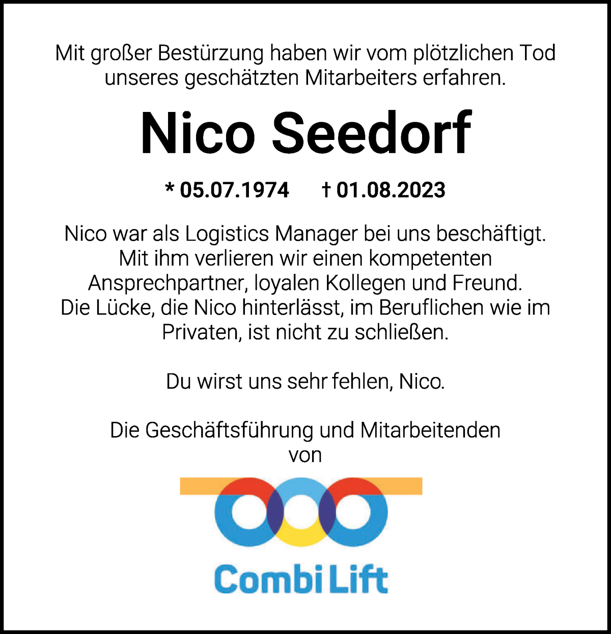 Traueranzeige von Nico Seedorf von WESER-KURIER