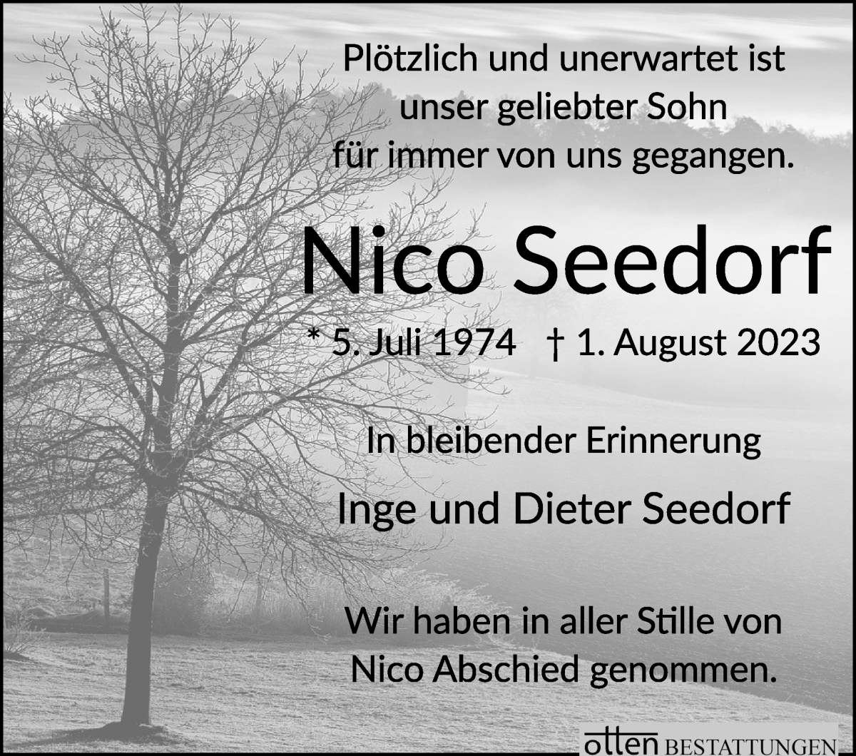 Traueranzeige von Nico Seedorf von Osterholzer Kreisblatt