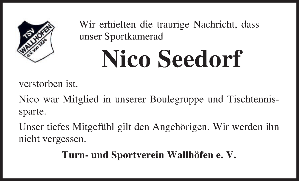 Traueranzeige von Nico Seedorf von Osterholzer Kreisblatt