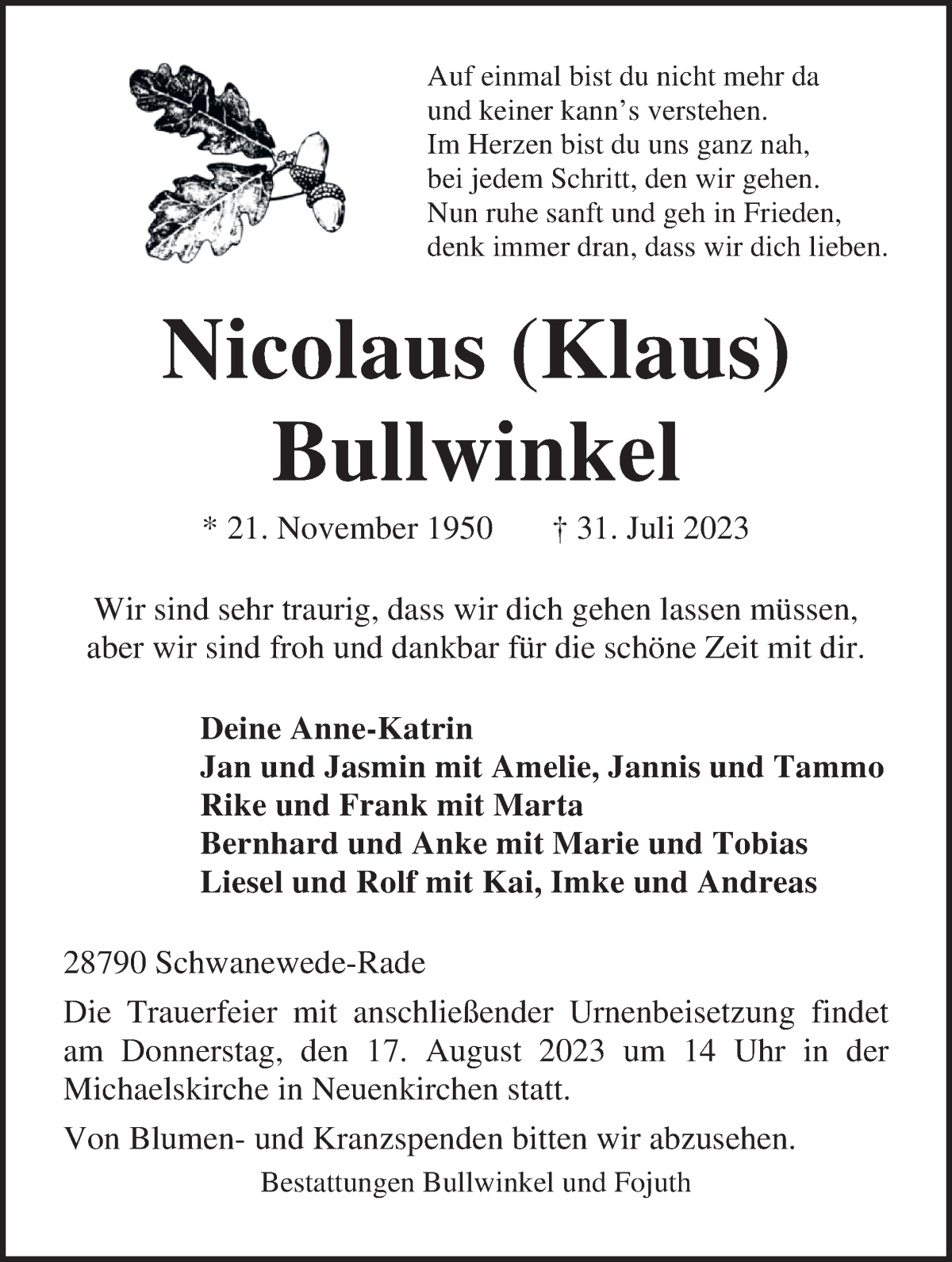 Traueranzeige von Nicolaus (Klaus) Bullwinkel von Die Norddeutsche