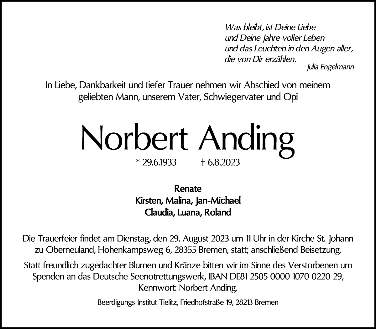 Traueranzeige von Norbert Anding von WESER-KURIER