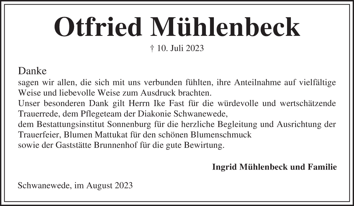 Traueranzeige von Otfried Mühlenbeck von Die Norddeutsche