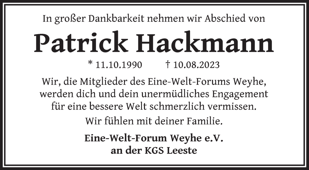 Traueranzeige von Patrick Hackmann von Regionale Rundschau/Syker Kurier