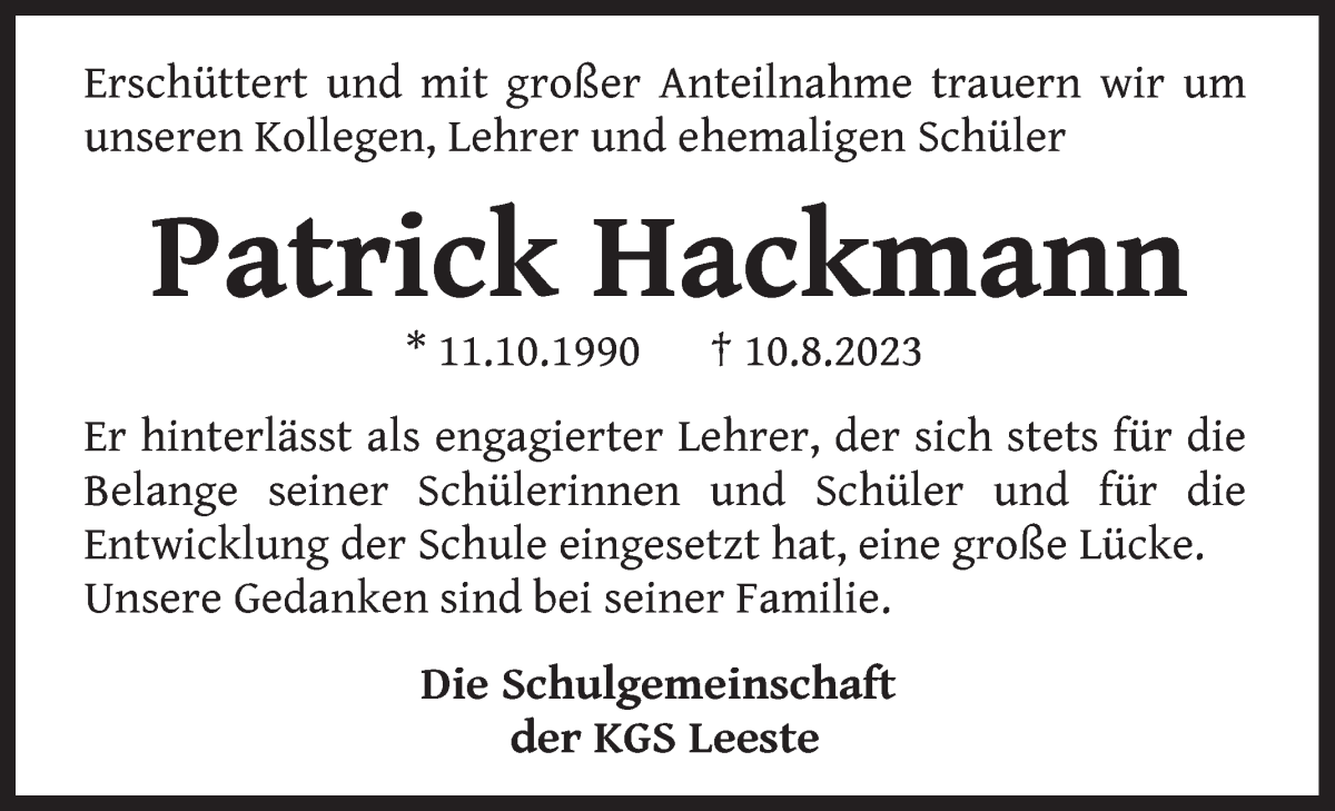 Traueranzeige von Patrick Hackmann von WESER-KURIER