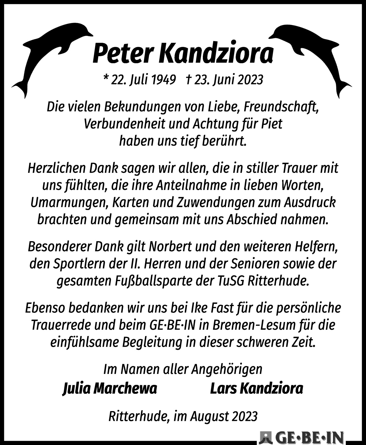 Traueranzeige von Peter Kandziora von Osterholzer Kreisblatt