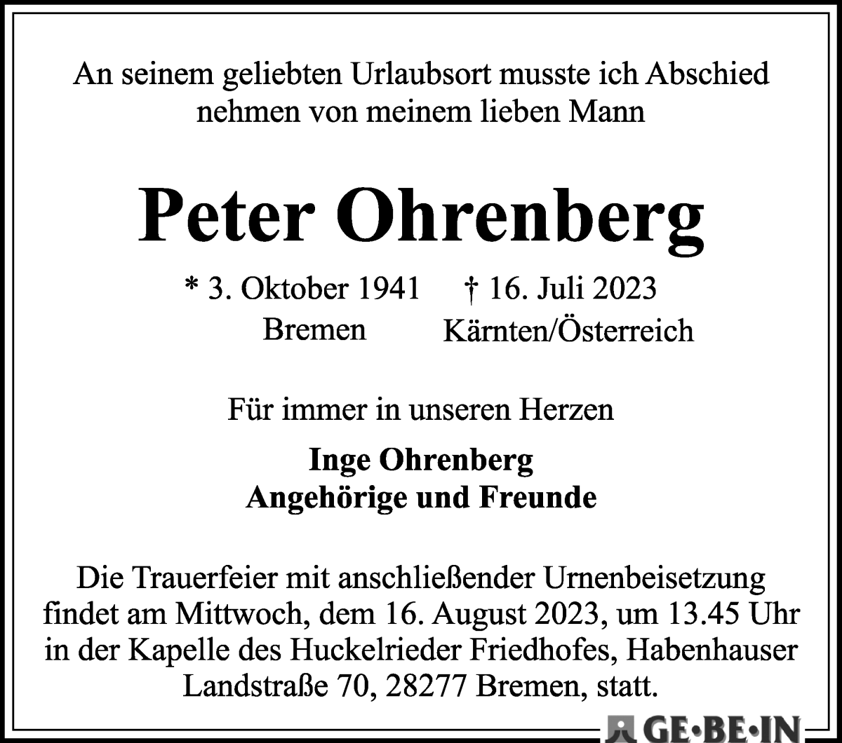 Traueranzeige von Peter Ohrenberg von WESER-KURIER