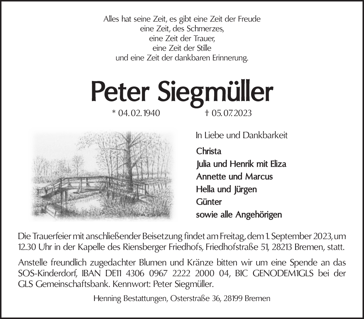 Traueranzeige von Peter Siegmüller von WESER-KURIER