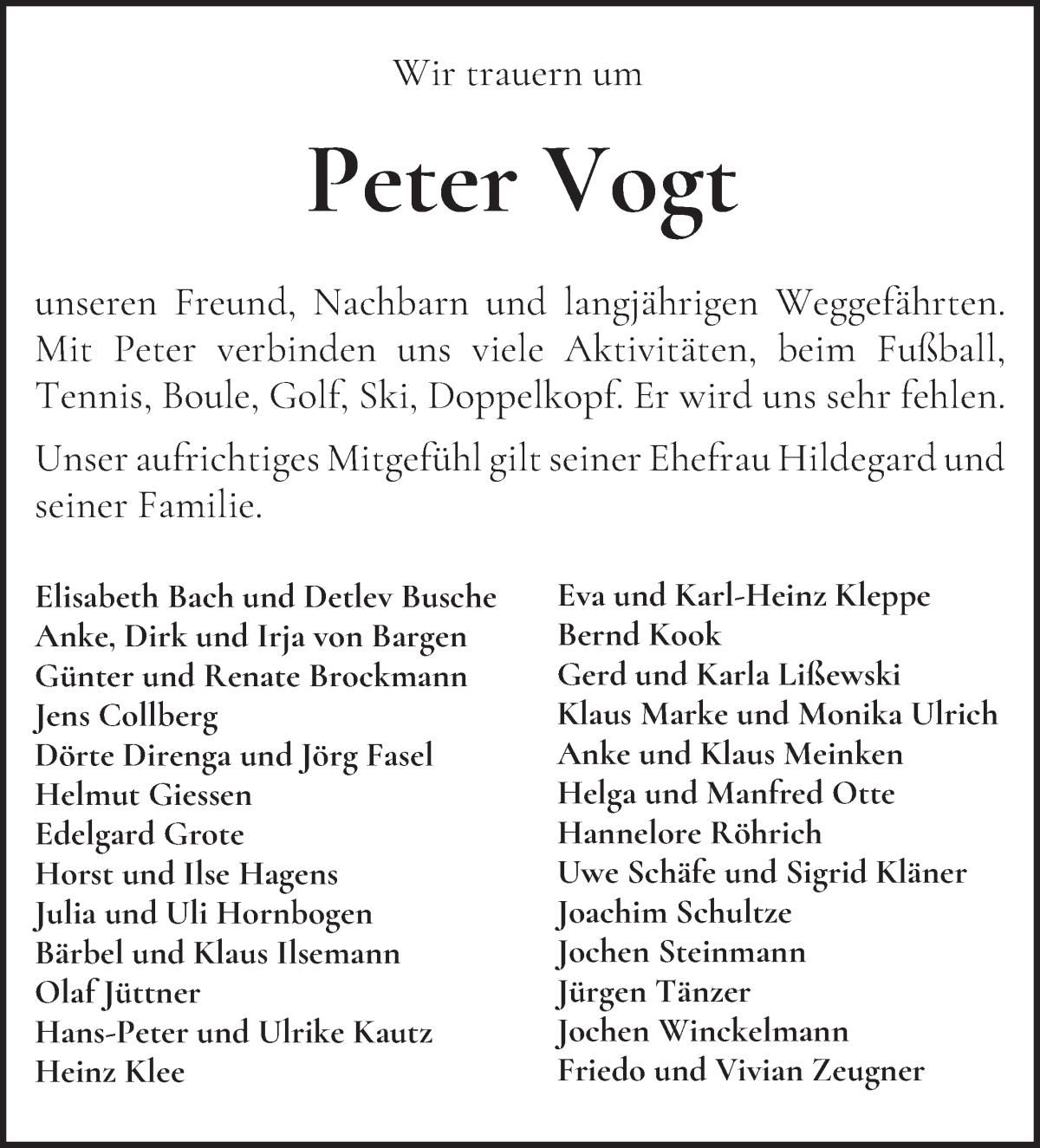 Traueranzeige von Peter Vogt von WESER-KURIER