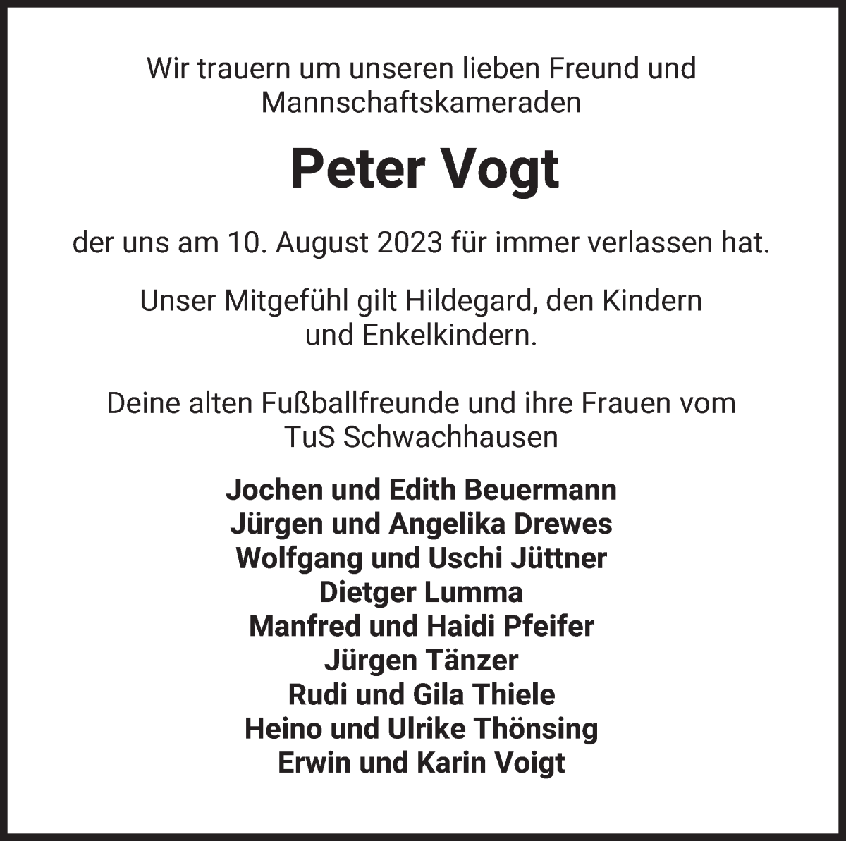 Traueranzeige von Peter Vogt von WESER-KURIER
