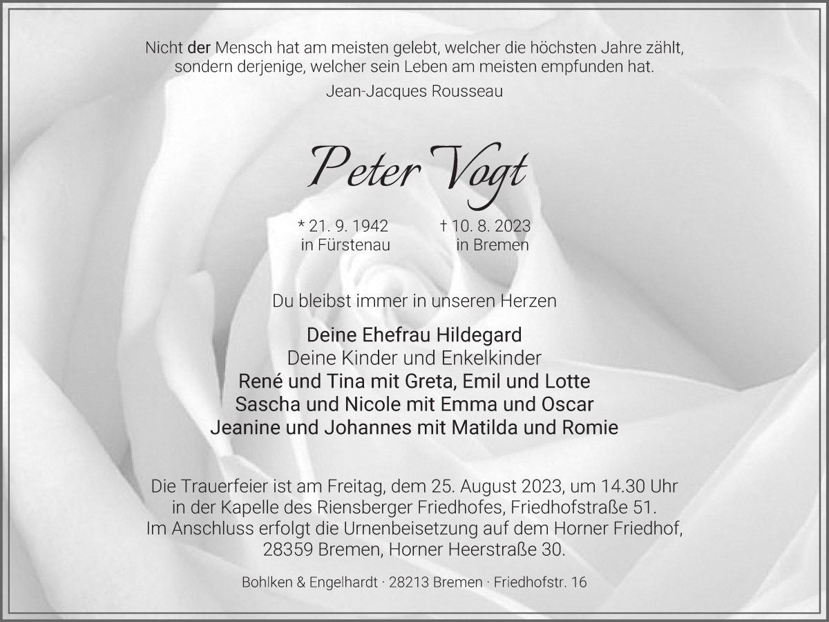 Traueranzeige von Peter Vogt von WESER-KURIER