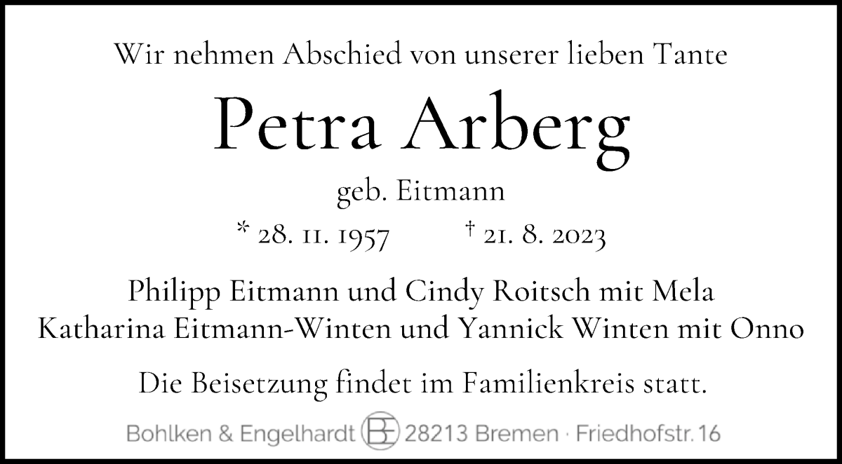 Traueranzeige von Petra Arberg von WESER-KURIER