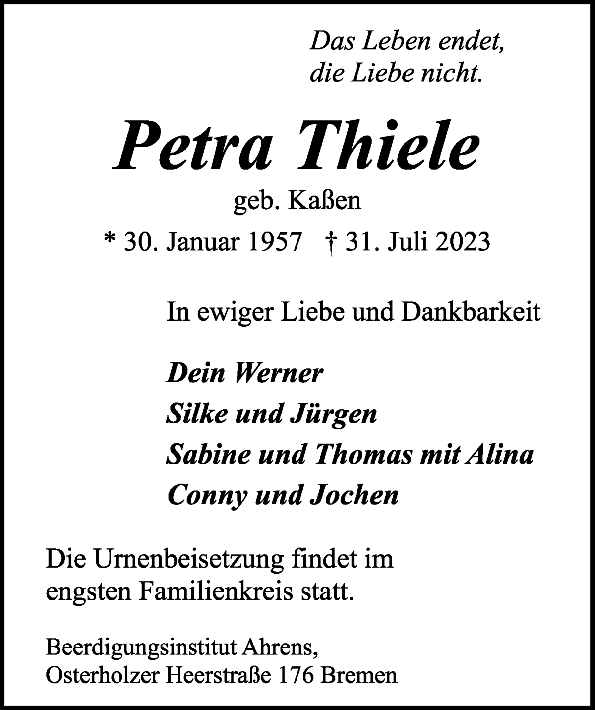 Traueranzeige von Petra Thiele von WESER-KURIER