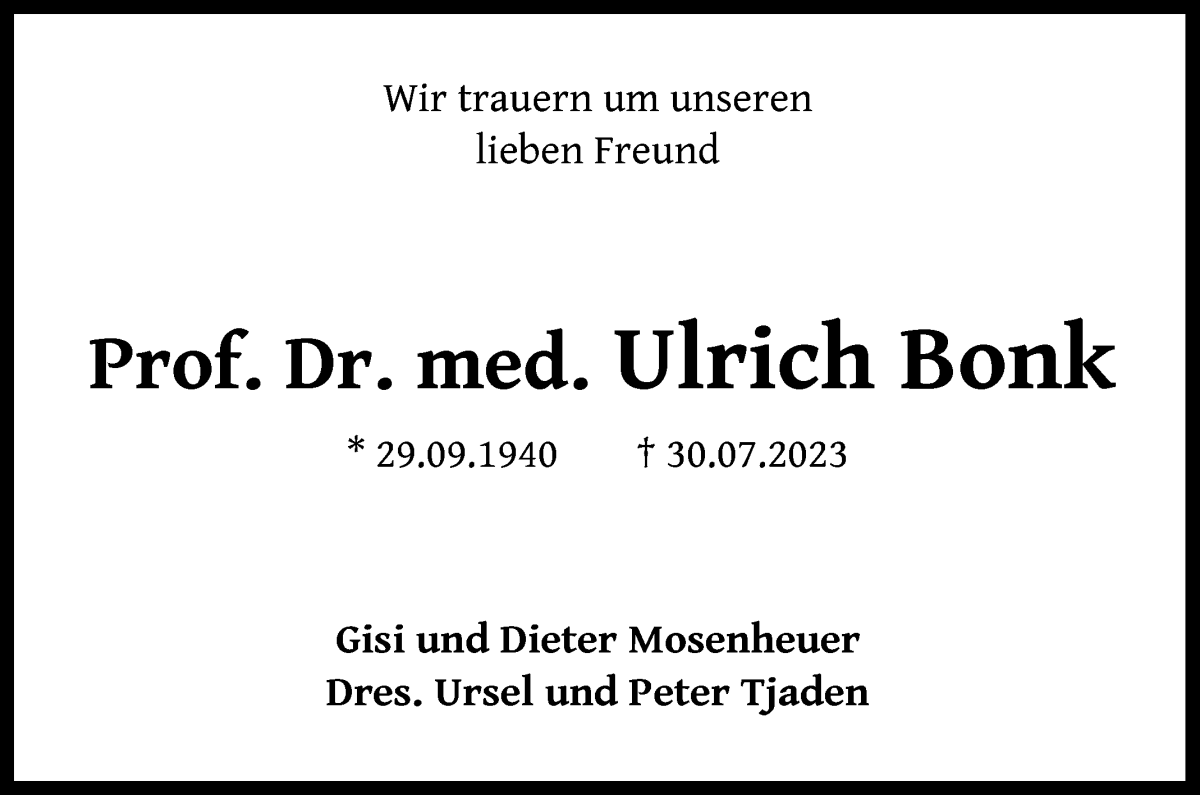 Traueranzeige von Prof. Dr. med. Ulrich Bonk von WESER-KURIER