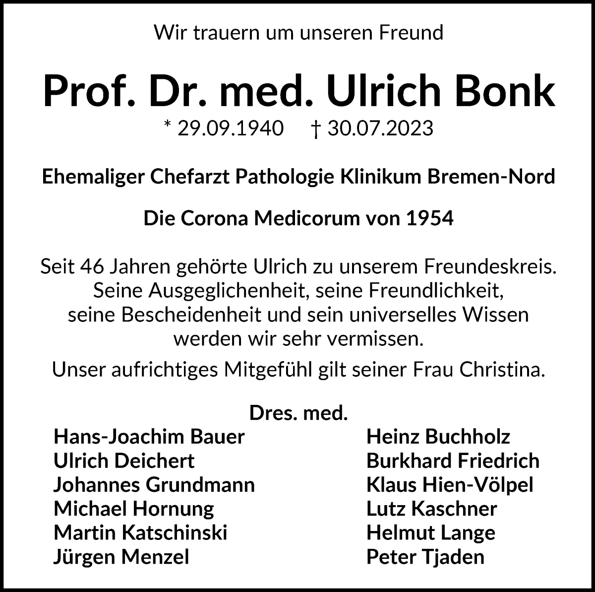 Traueranzeige von Prof. Dr. med. Ulrich Bonk von WESER-KURIER