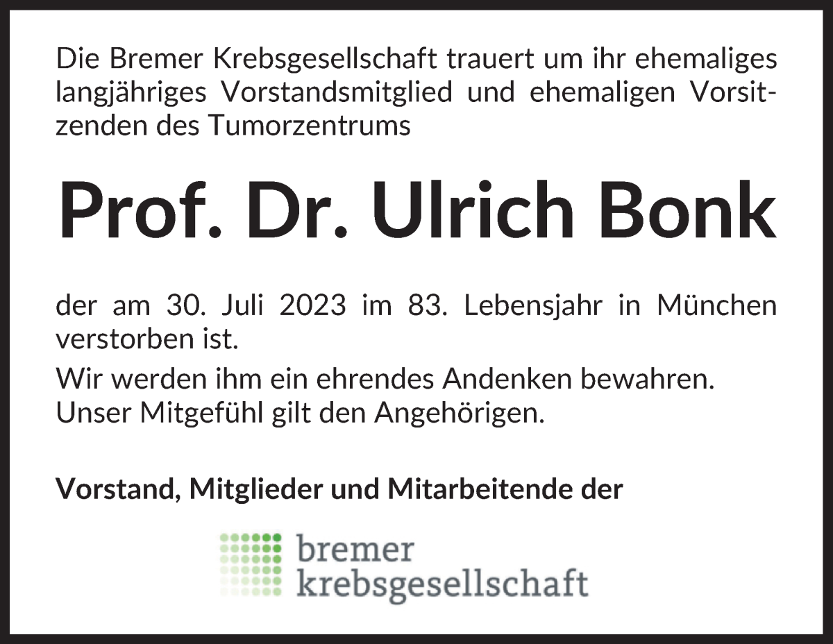 Traueranzeige von Prof. Dr. Ulrich Bonk von WESER-KURIER