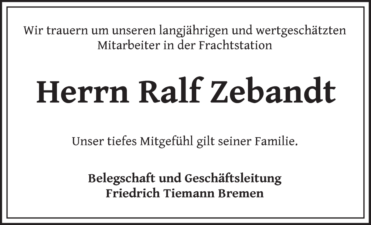 Traueranzeige von Ralf Zebandt von Osterholzer Kreisblatt