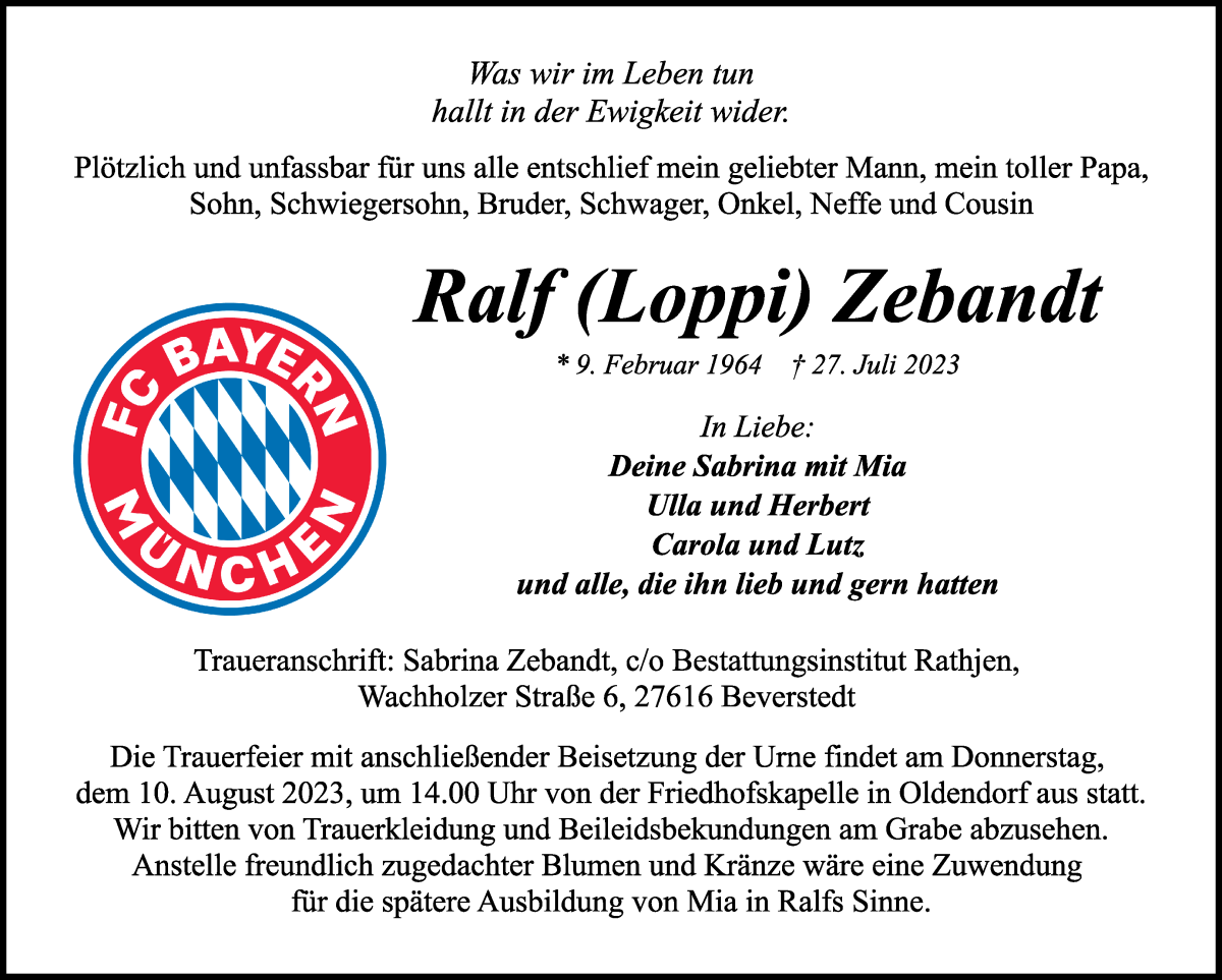 Traueranzeige von Ralf Zebandt von Osterholzer Kreisblatt