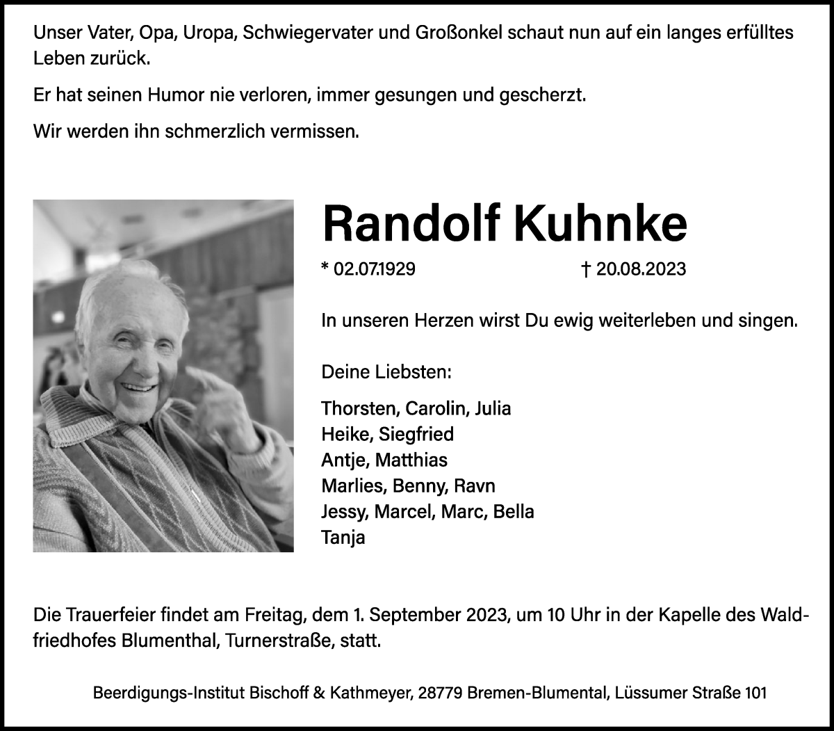 Traueranzeige von Randolf Kuhnke von Die Norddeutsche