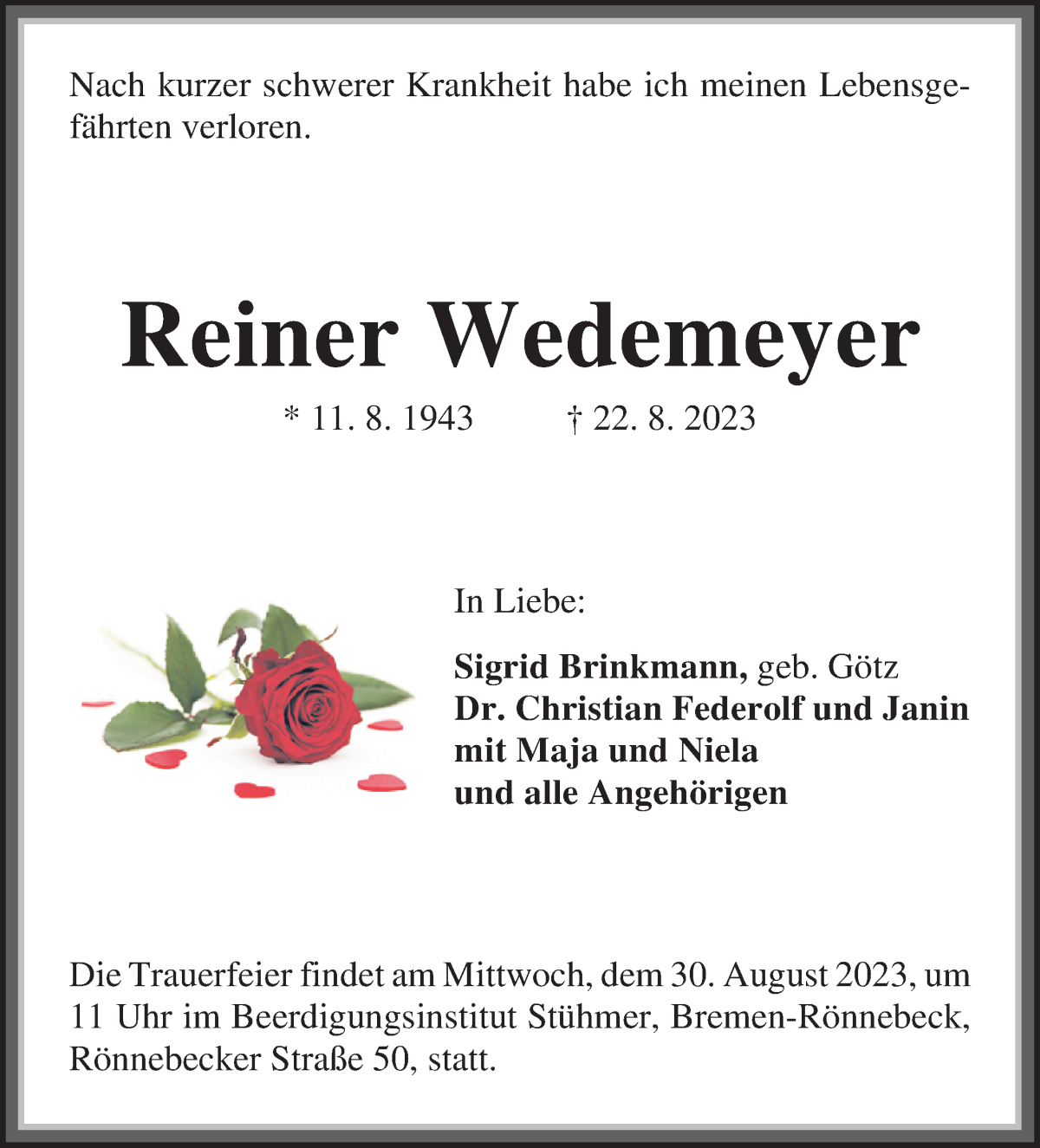 Traueranzeige von Reiner Wedemeyer von Die Norddeutsche