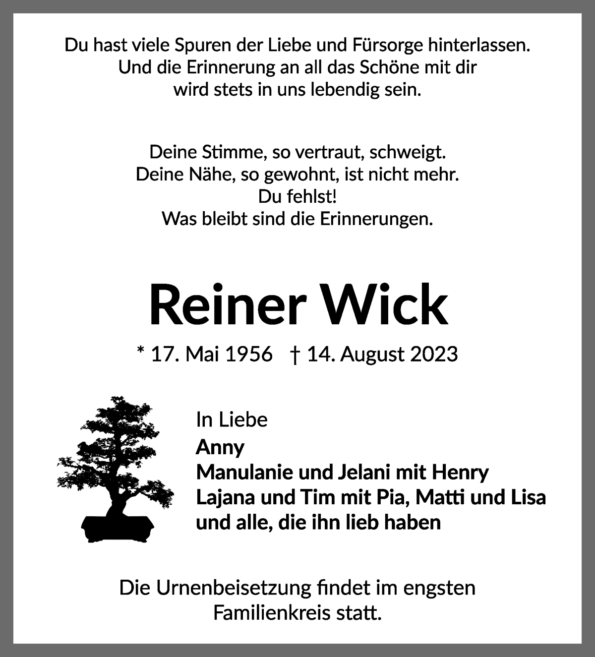 Traueranzeige von Reiner Wick von WESER-KURIER