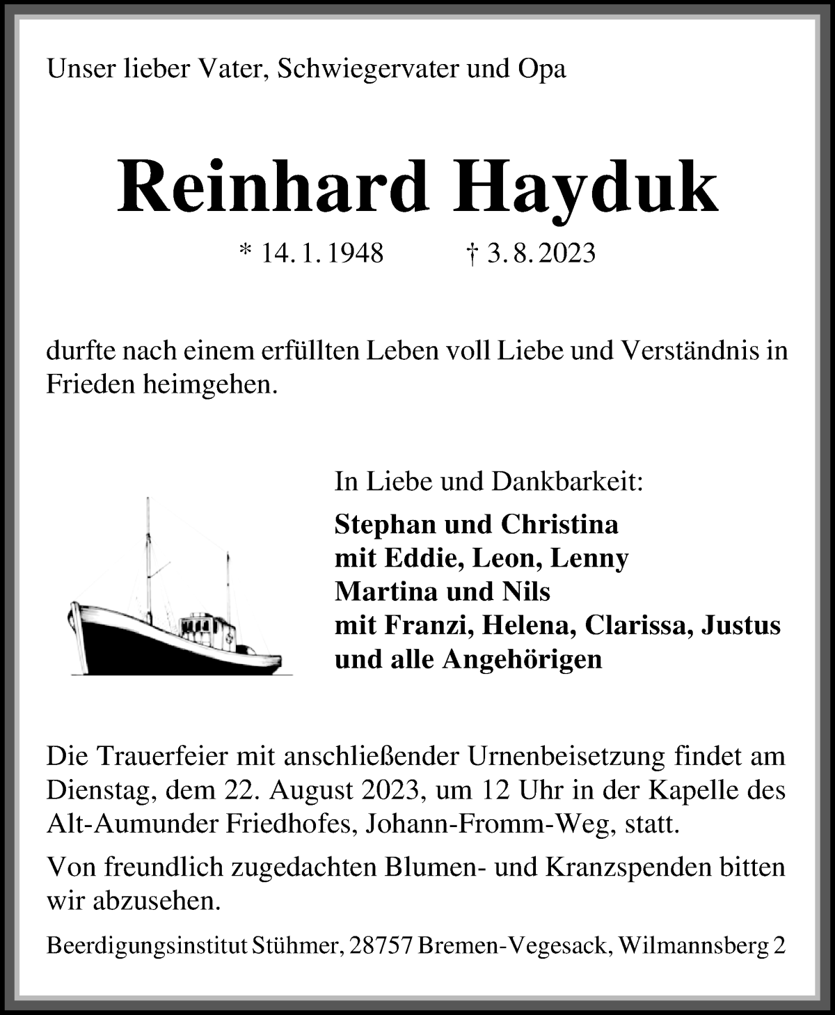 Traueranzeige von Reinhard Hayduk von Die Norddeutsche