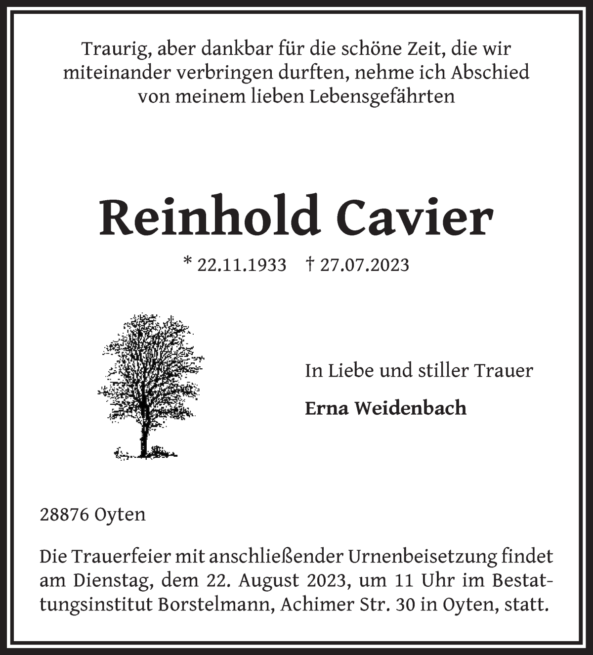 Traueranzeige von Reinhold Cavier von WESER-KURIER