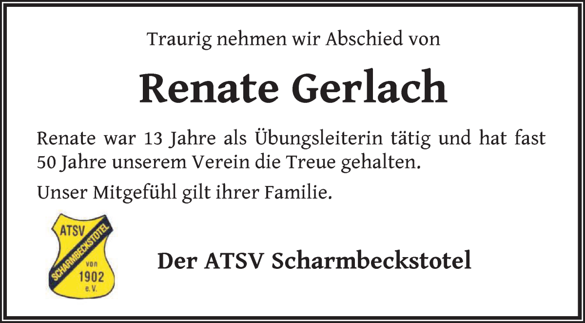 Traueranzeige von Renate Gerlach von Osterholzer Kreisblatt