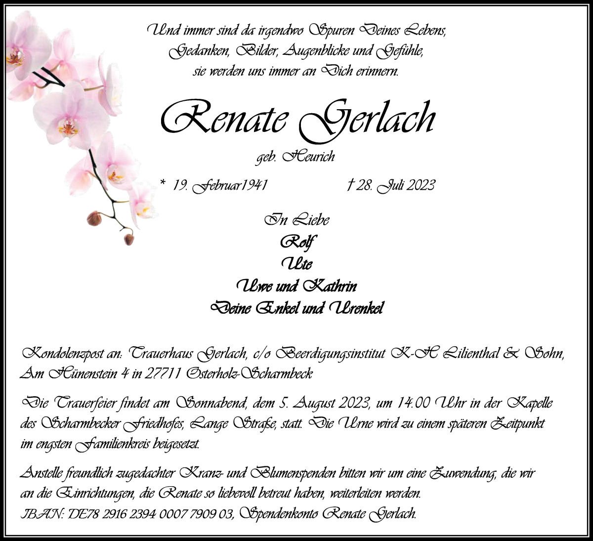 Traueranzeige von Renate Gerlach von Osterholzer Kreisblatt