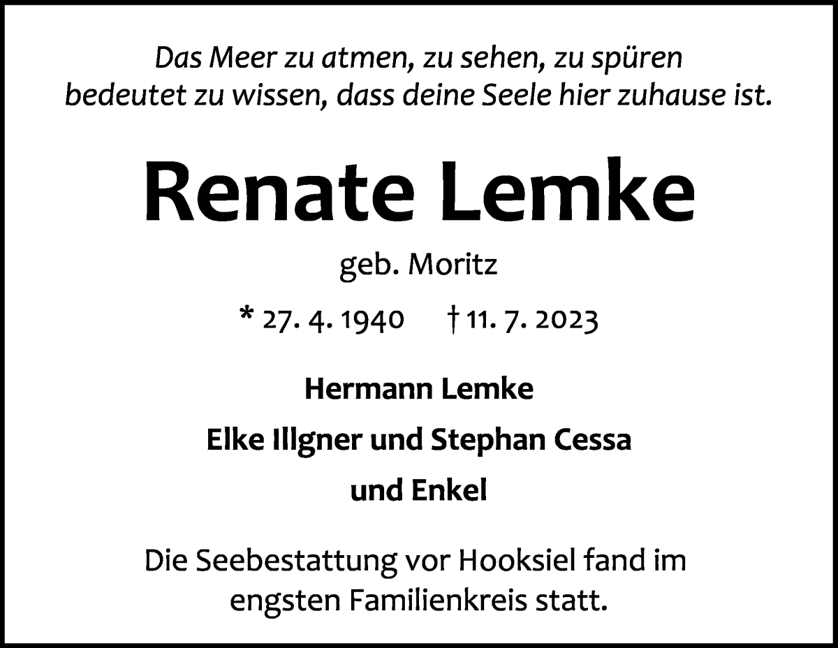 Traueranzeige von Renate Lemke von WESER-KURIER