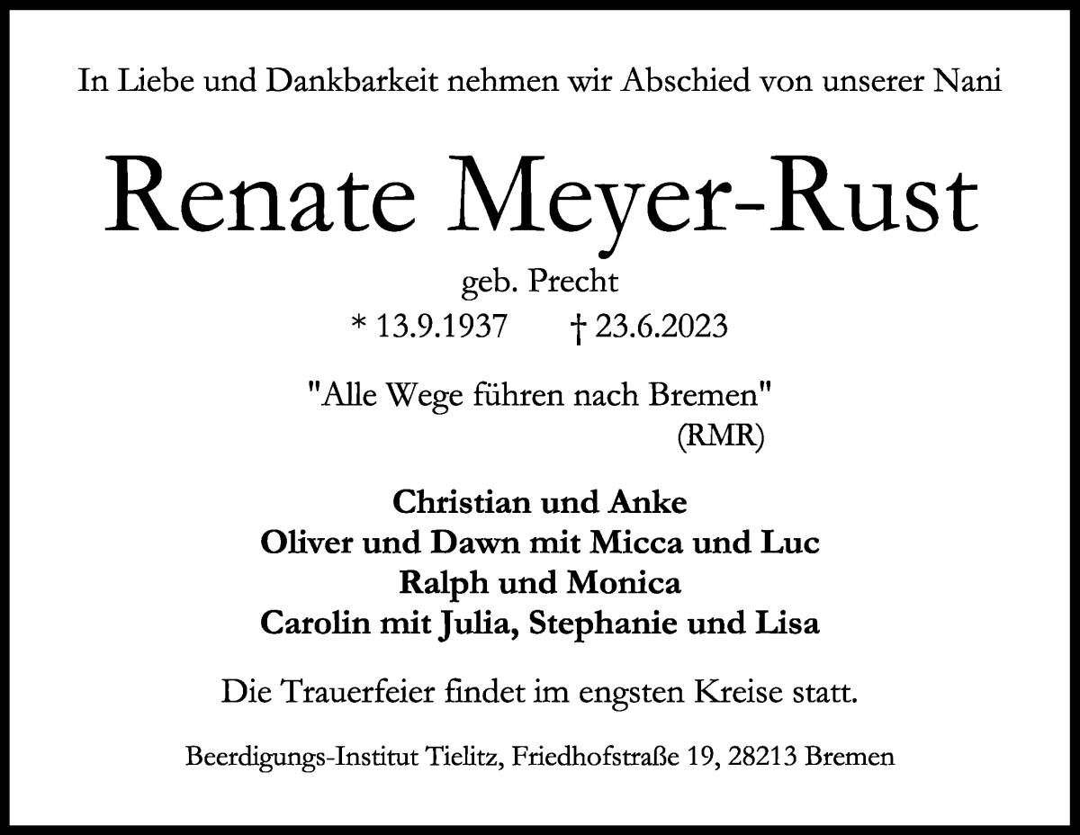 Traueranzeige von Renate Meyer-Rust von WESER-KURIER