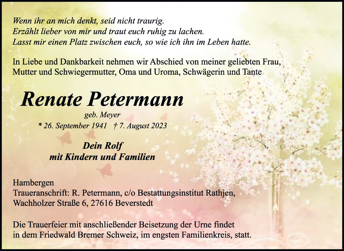 Traueranzeige von Renate Petermann von Osterholzer Kreisblatt