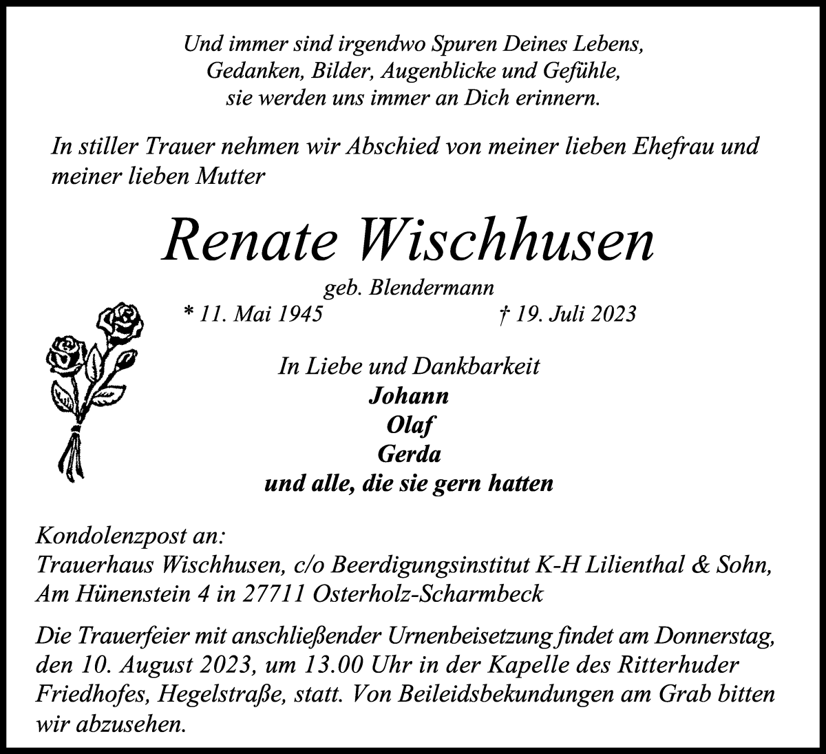 Traueranzeige von Renate Wischhusen von Osterholzer Kreisblatt