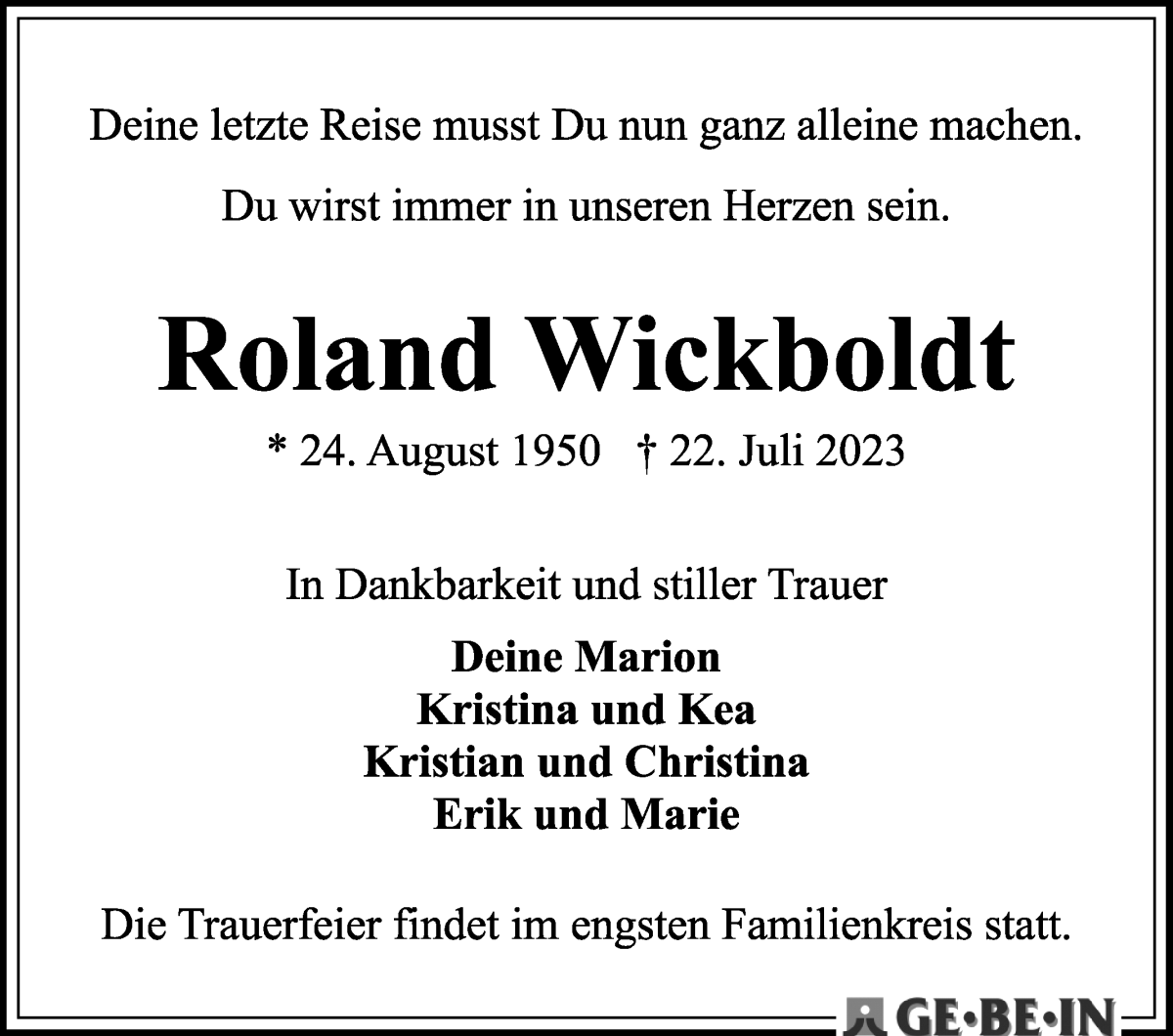 Traueranzeige von Roland Wickboldt von WESER-KURIER