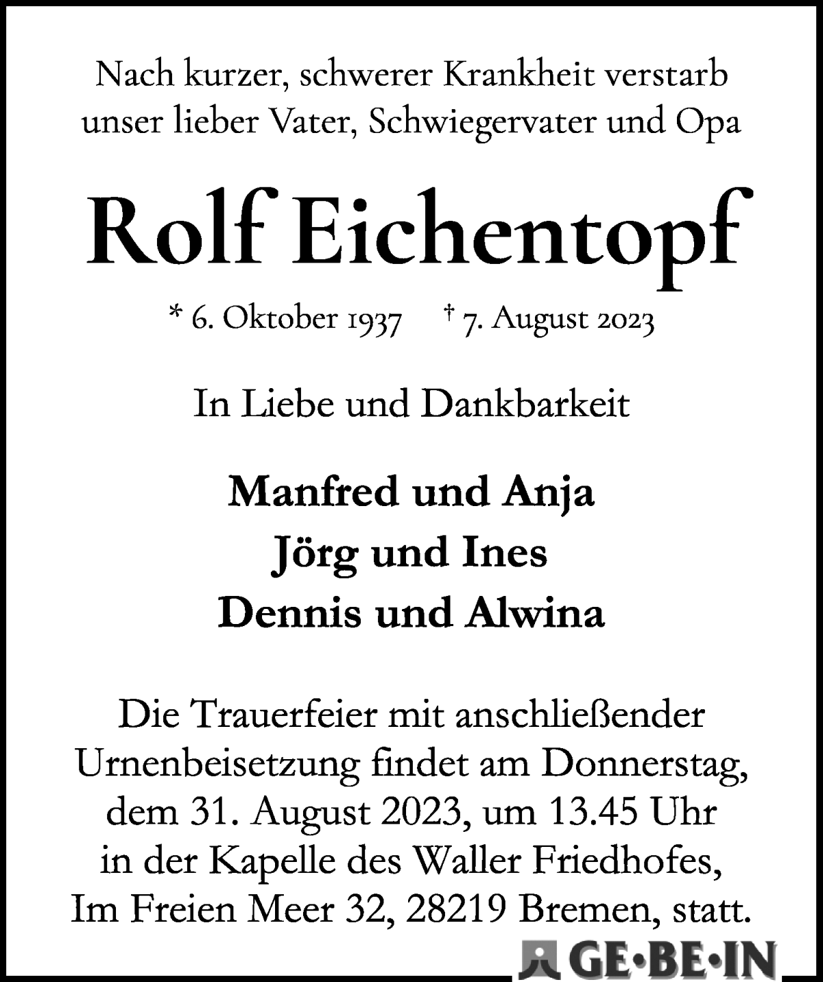 Traueranzeige von Rolf Eichentopf von WESER-KURIER