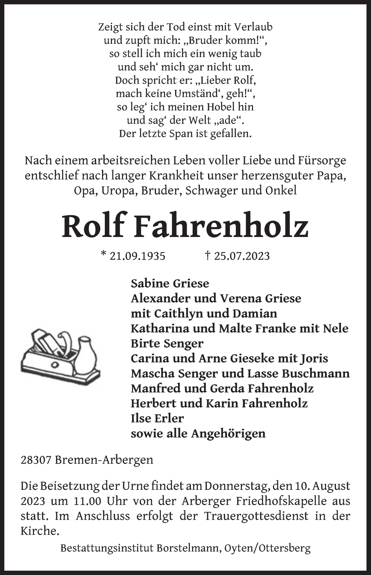 Traueranzeige von Rolf Fahrenholz von WESER-KURIER