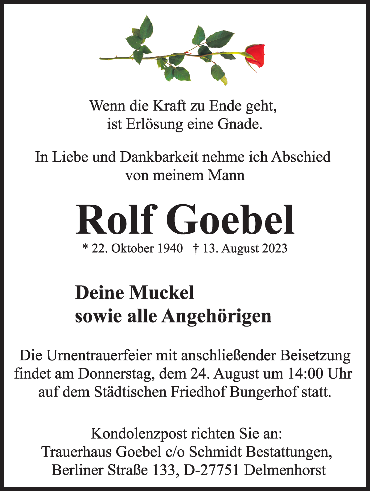 Traueranzeige von Rolf Goebel von WESER-KURIER